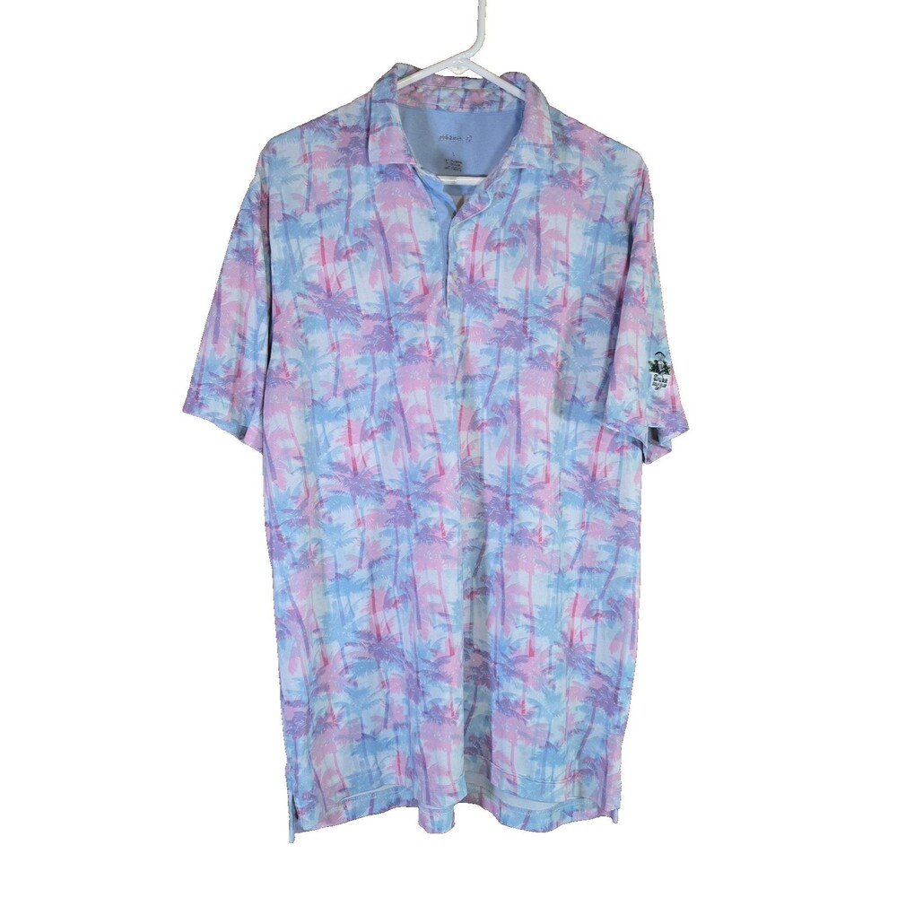 johnnie-O Duke Golf Club 1957 Mens L Palm Tree Patterned Polo  Blue/Pink